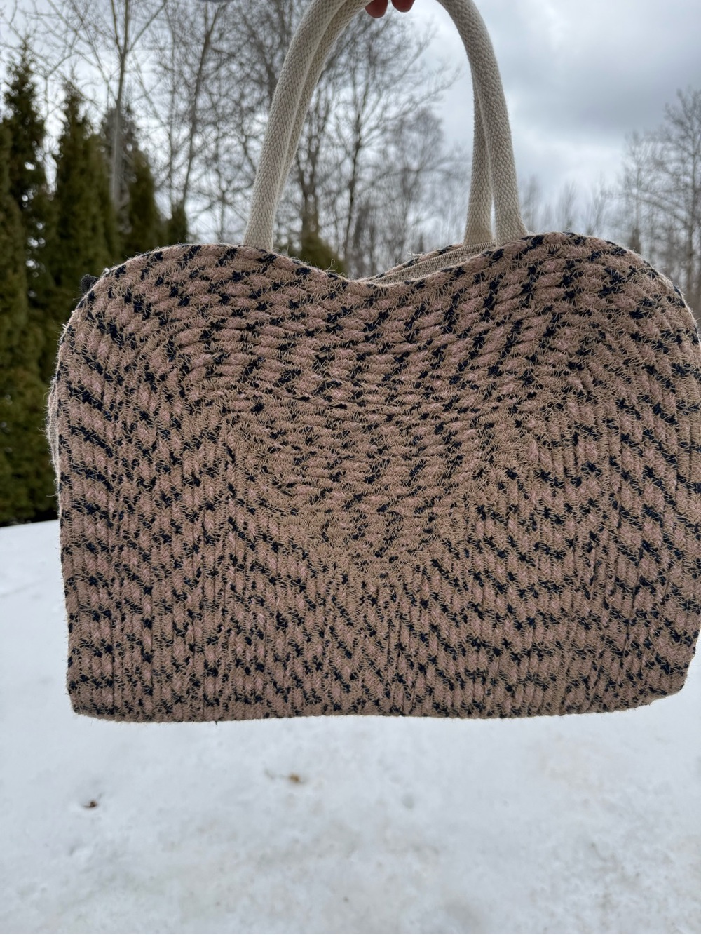 Jute Woven Tan and Black Tote Bag with Rope Handles